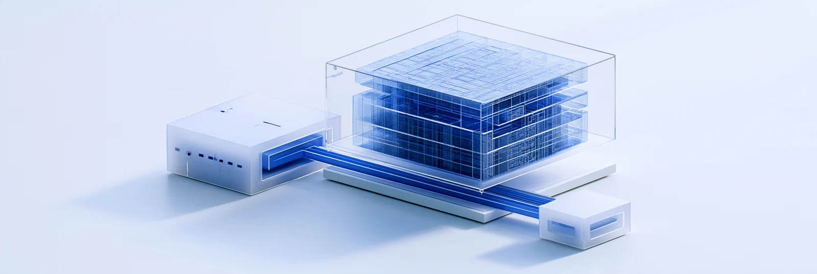 Spatial render: a dense asset register beside a pale external folder of the same material