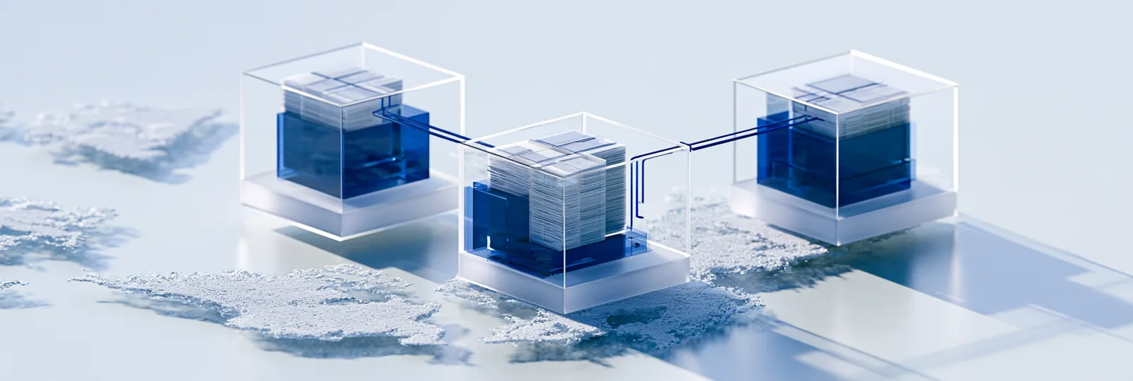 Spatial render: three glass record cases joined by one line on a low white island