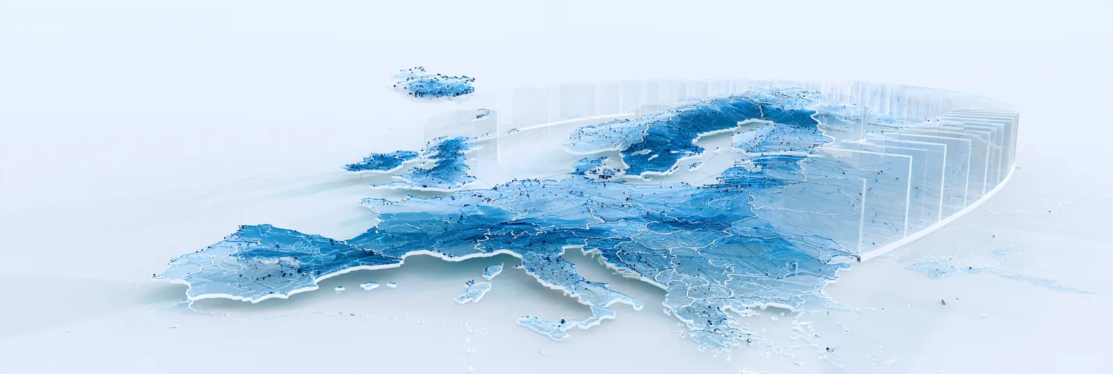 Spatial render: a relief map of Europe in blue glass on white paper