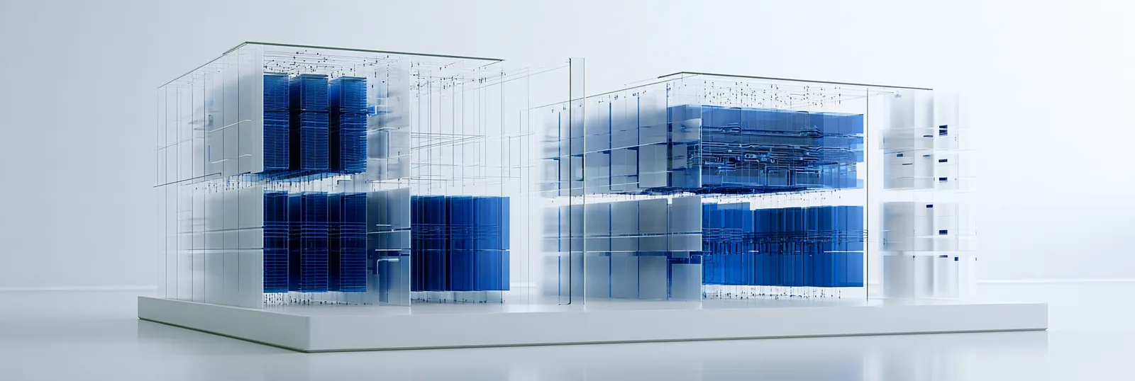 Spatial render: two blocky glass structures of stacked blue volumes on a shared platform