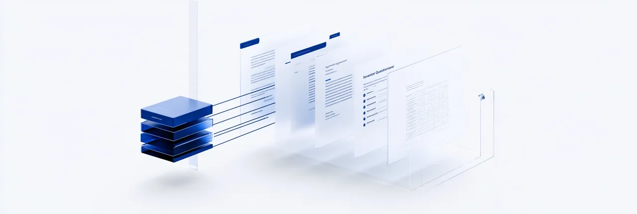 Spatial render: a stack of blue capital layers wired to a set of upright offering documents