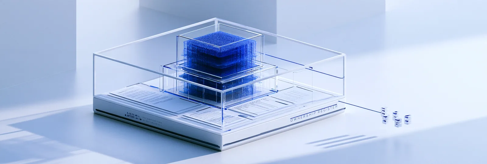 Spatial render: a physical asset model held inside nested transparent enclosures with its evidence layers